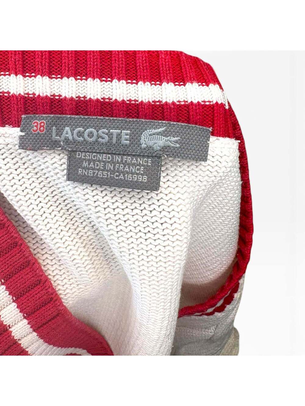 Vintage Lacoste Made in France White Cable Knit Tennis V-Neck Sweater Size 38 - Picture 3 of 4